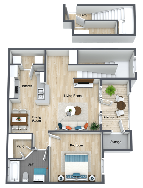 Floor plan for 1 bed, 1 bath, 777 sqft